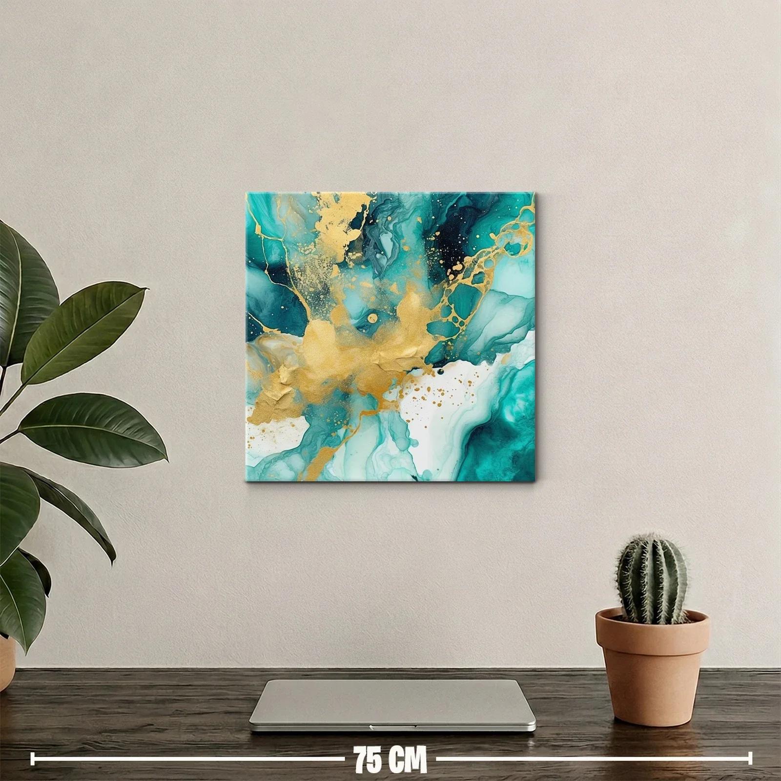 Cuadro abstracto con tonos turquesa y dorados vibrantes — miniatura 2