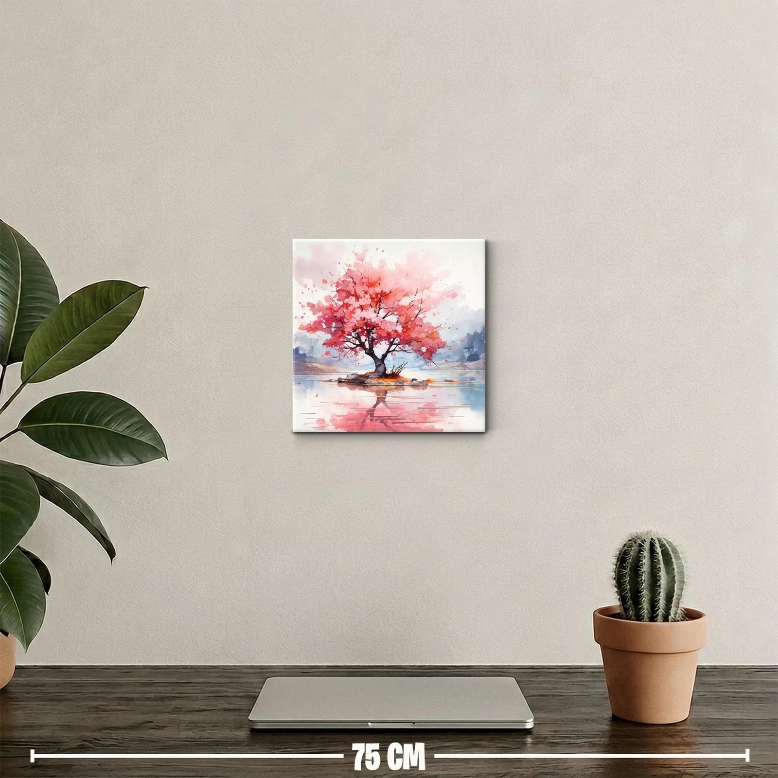 Árbol en flor rosa con reflejo en agua tranquila — miniatura 2