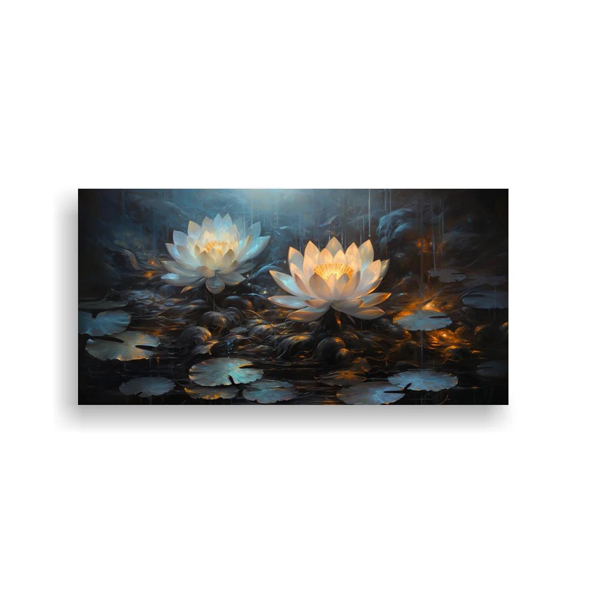 Cuadro flores de loto luminosas sobre agua oscura