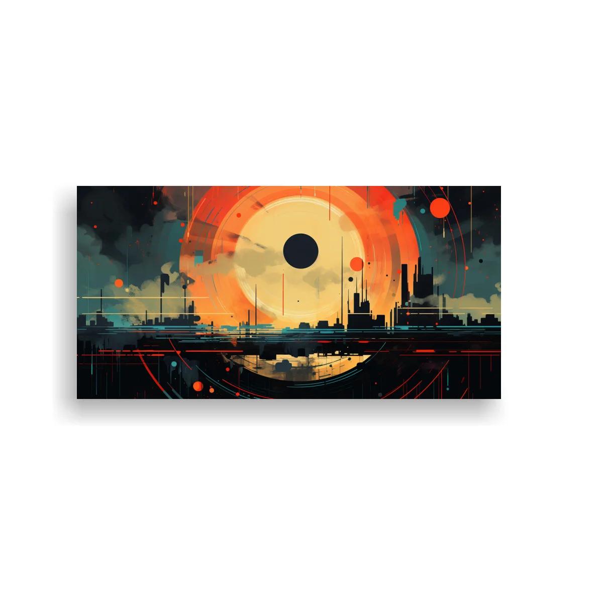 Cuadro sol abstracto sobre skyline urbano con reflejo simétrico
