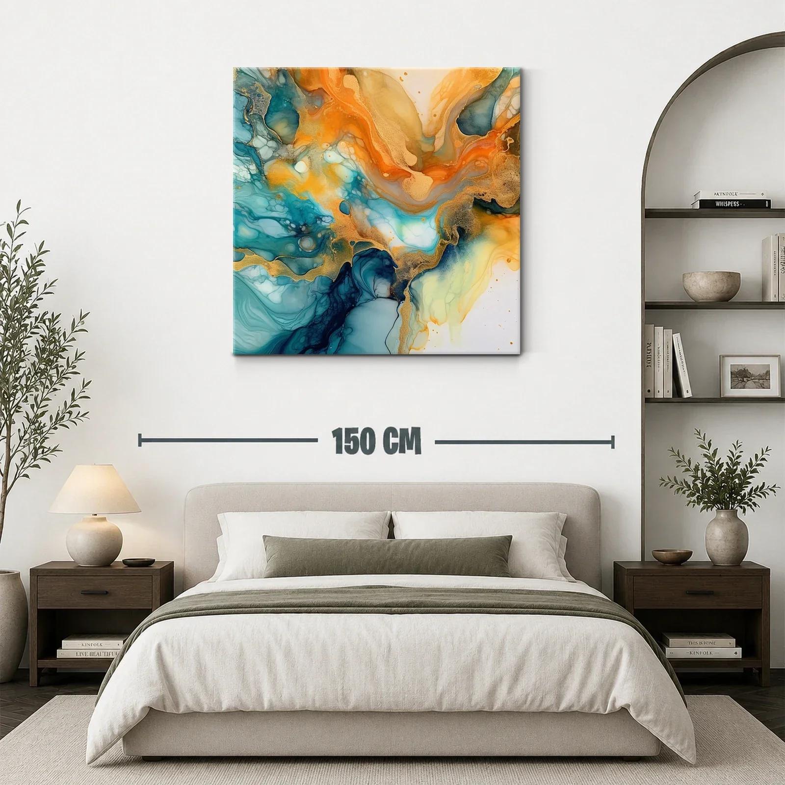 Cuadro abstracto en tonos turquesa y dorado vibrante — miniatura 3