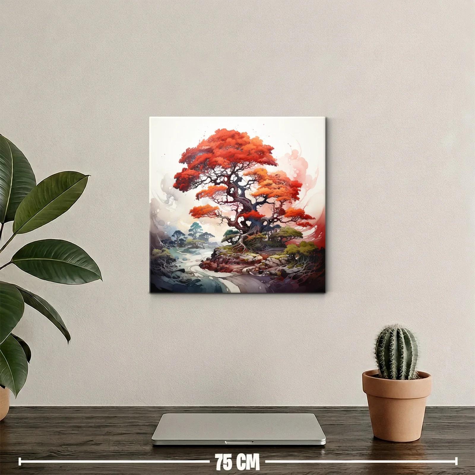 Árbol vibrante con follaje rojo intenso y paisaje onírico — miniatura 2