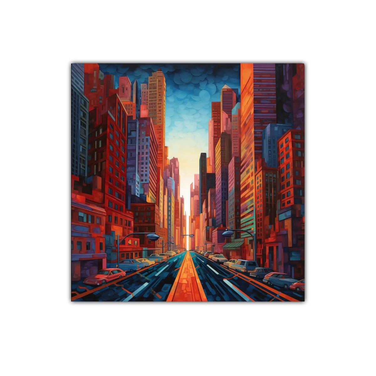 Cuadro urbano con arquitectura vibrante y luz cálida al atardecer — imagen principal