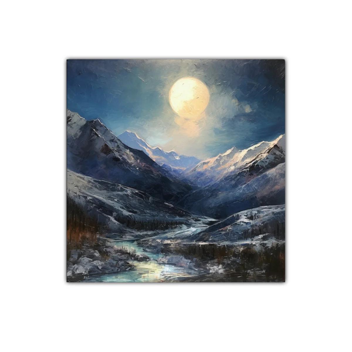 Paisaje nocturno con montañas nevadas y luna llena brillante