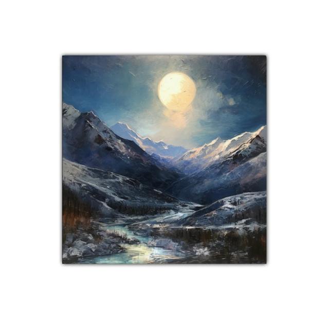 Paisaje nocturno con montañas nevadas y luna llena brillante