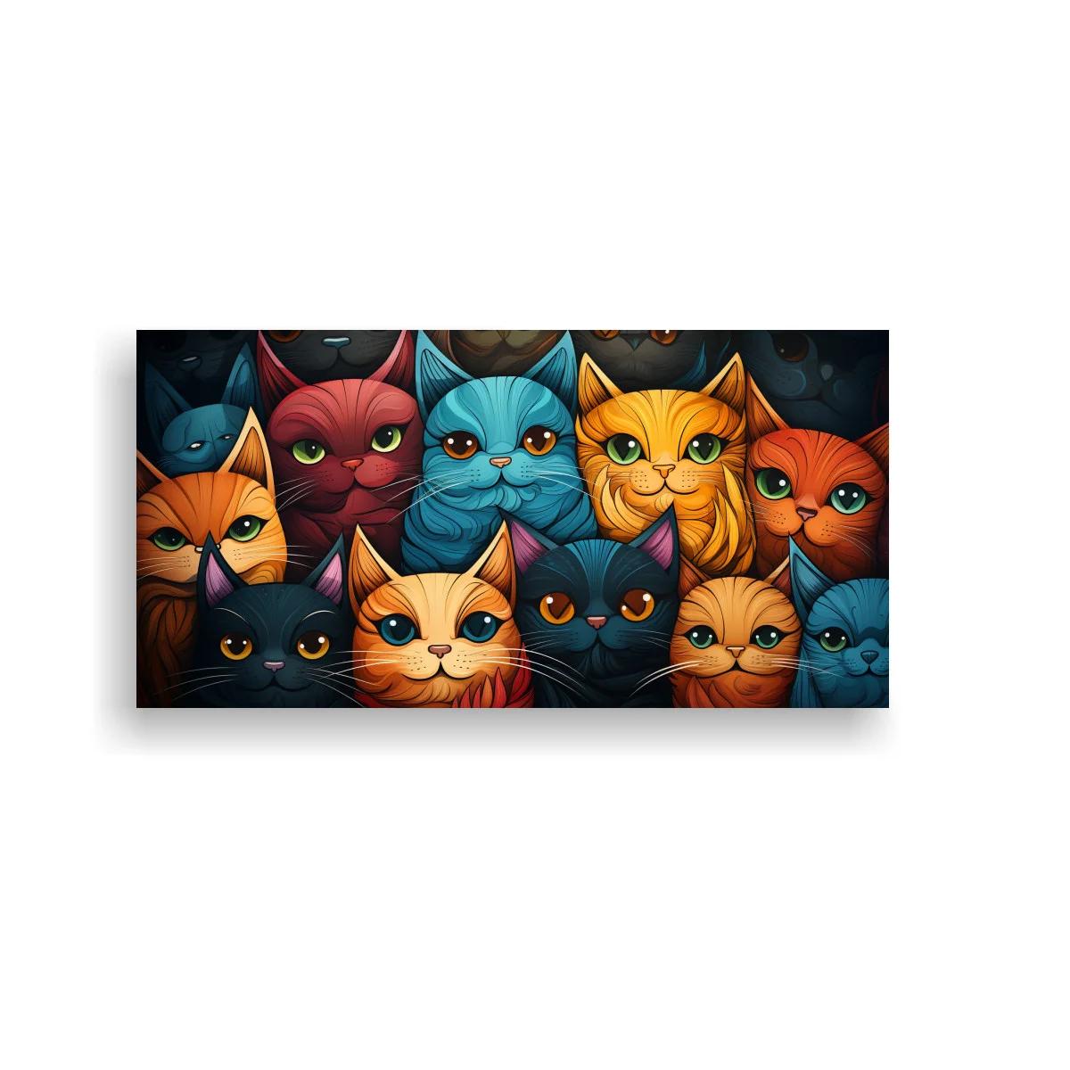 Cuadro grupo de gatos de colores sobre fondo oscuro