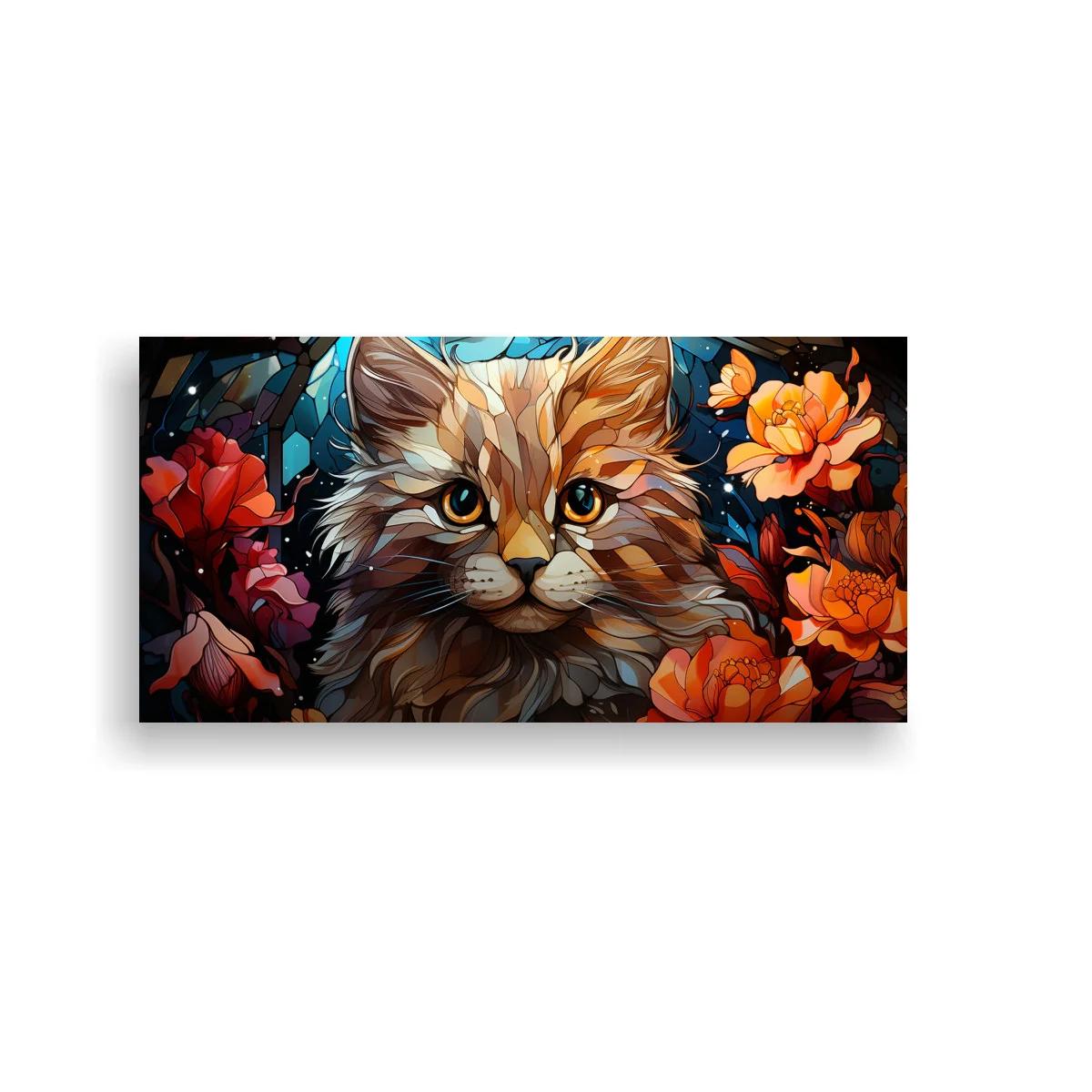 Cuadro gato de pelo largo atigrado con flores y fondo oscuro