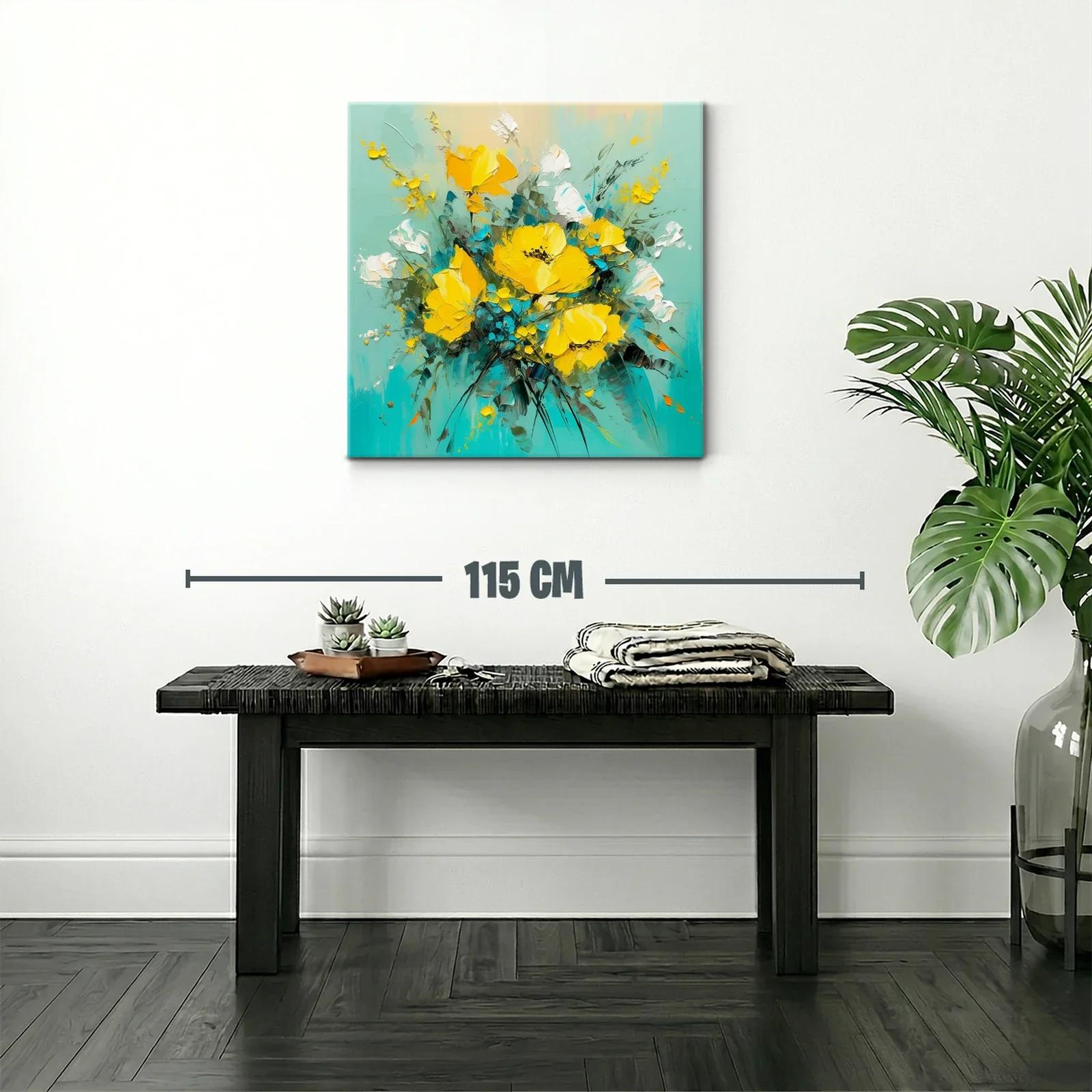 Cuadro moderno con ramo de flores amarillas y fondo turquesa — miniatura 2