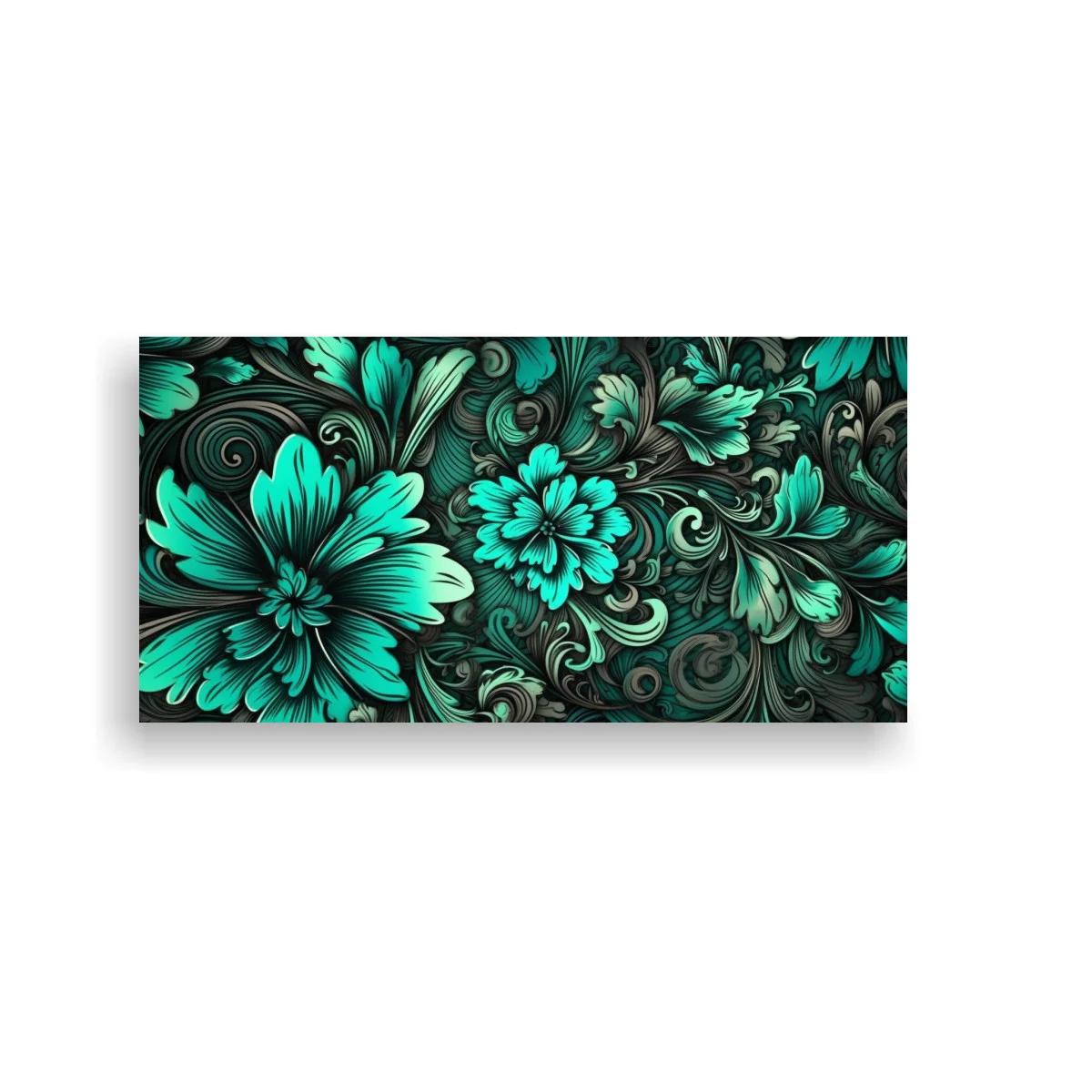 Cuadro flores turquesa con volutas ornamentales