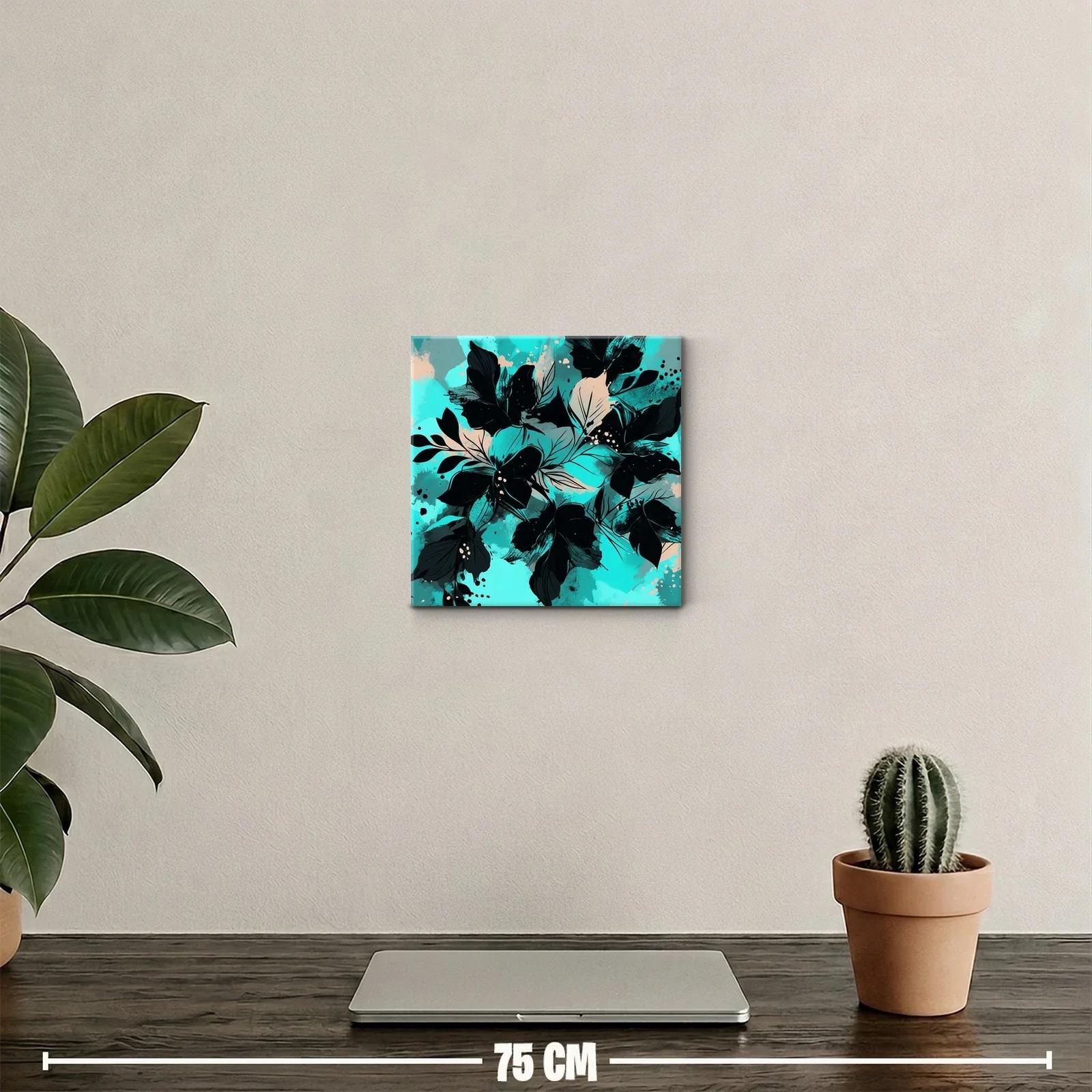Cuadro moderno con motivos florales en tonos turquesa y negro — miniatura 2