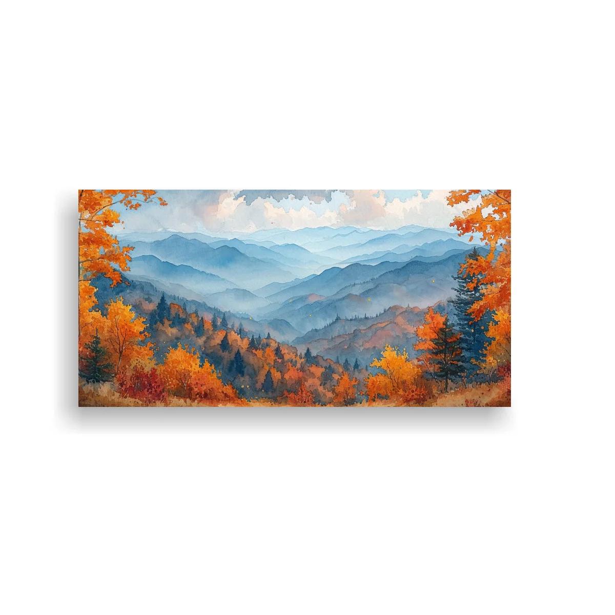 Cuadro paisaje de montaña otoñal con valle y cielo amplio