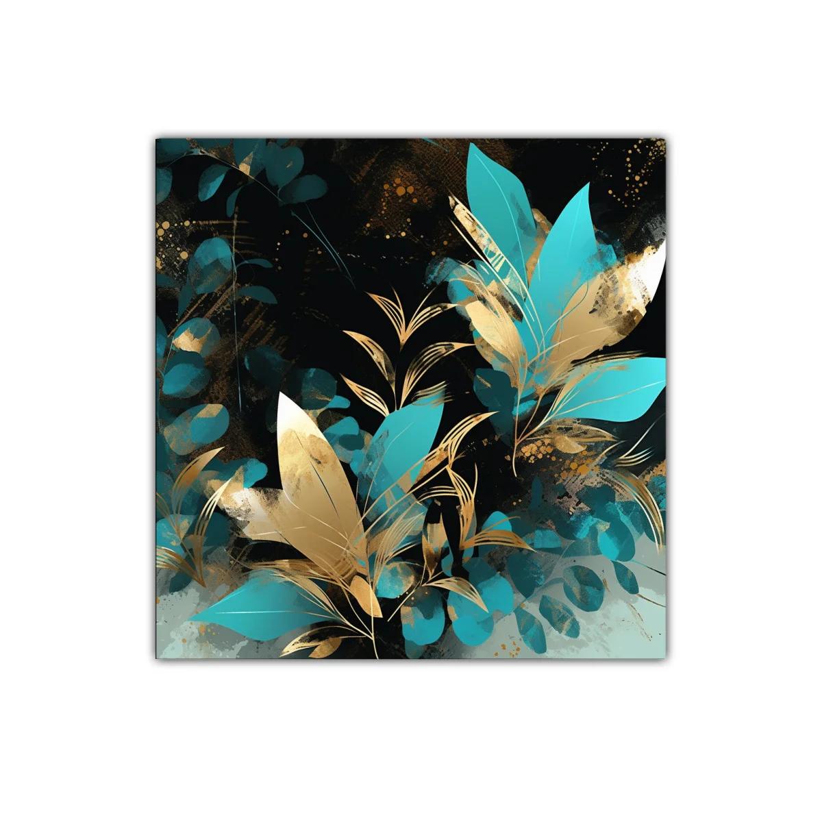 Cuadro decorativo de hojas doradas y verdes sobre fondo oscuro — imagen principal