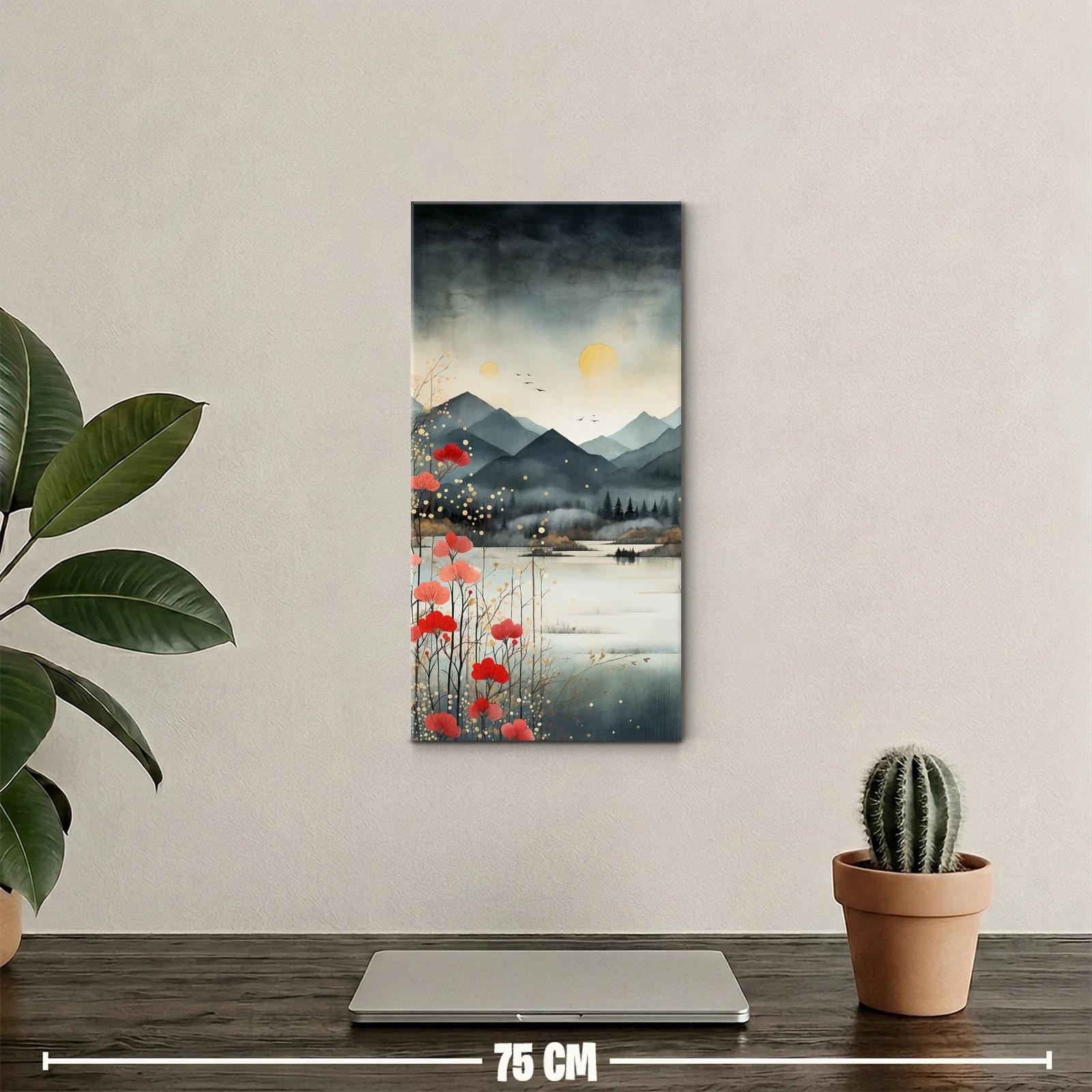 Cuadro amapolas rojas junto a un lago con montañas en niebla — miniatura 2