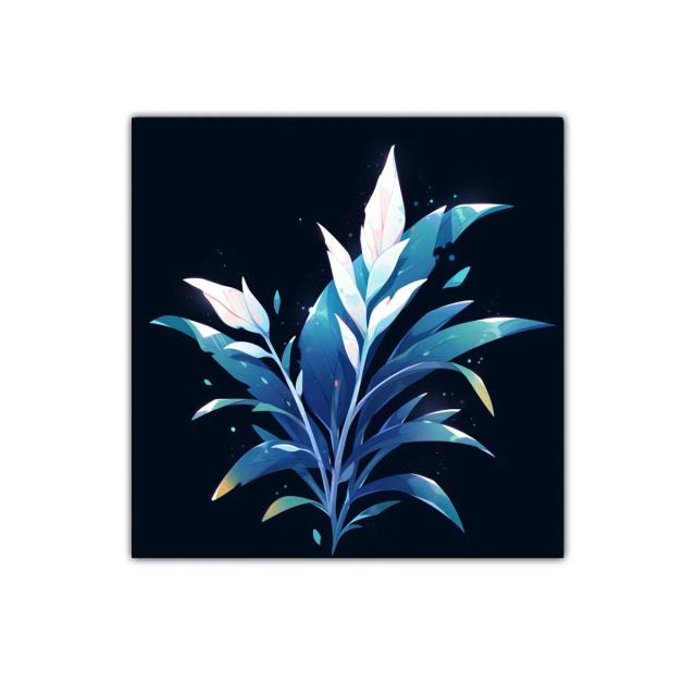 Plantas estilizadas en tonos azules y blancos sobre fondo oscuro