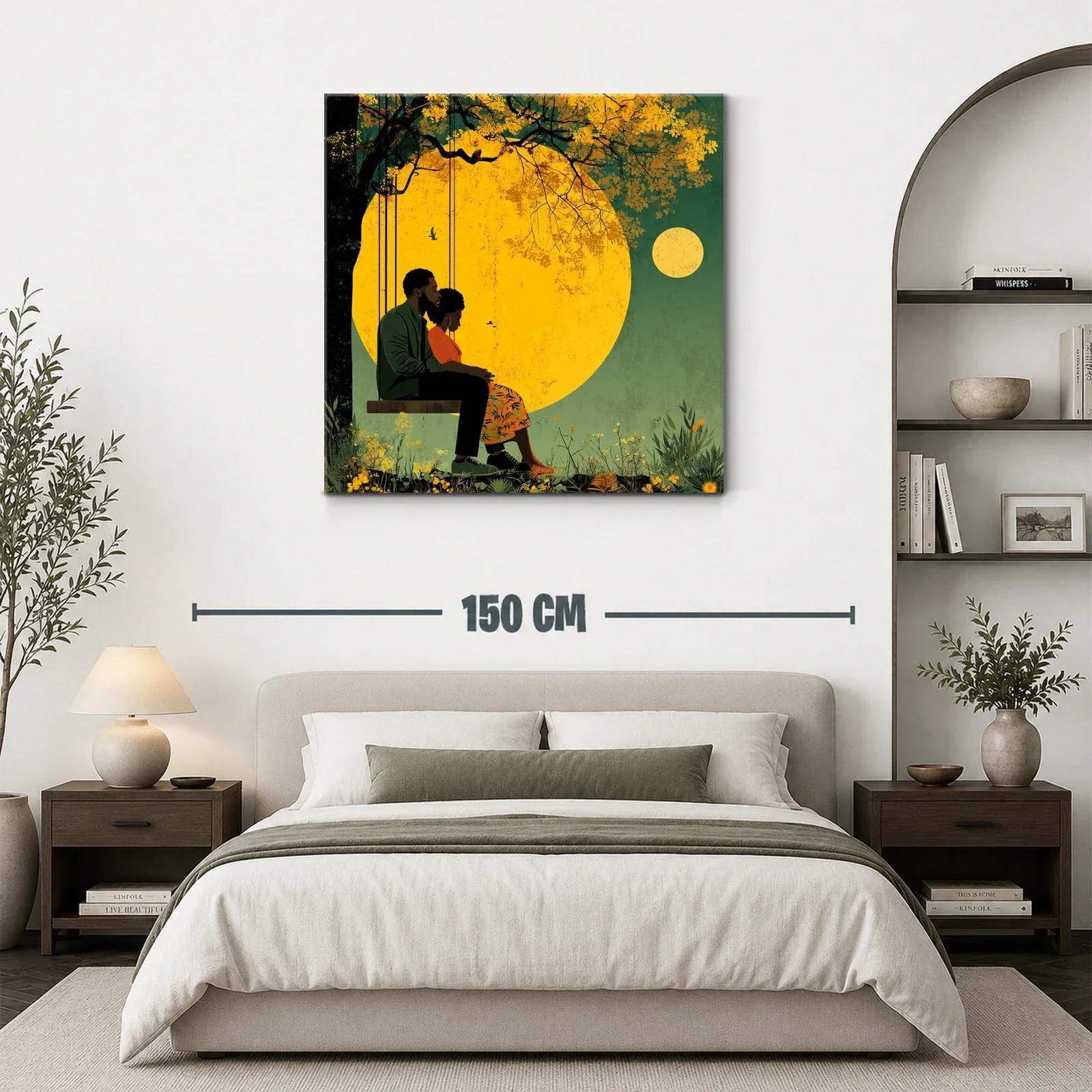 Cuadro romántico con pareja en columpio bajo luna llena — miniatura 3