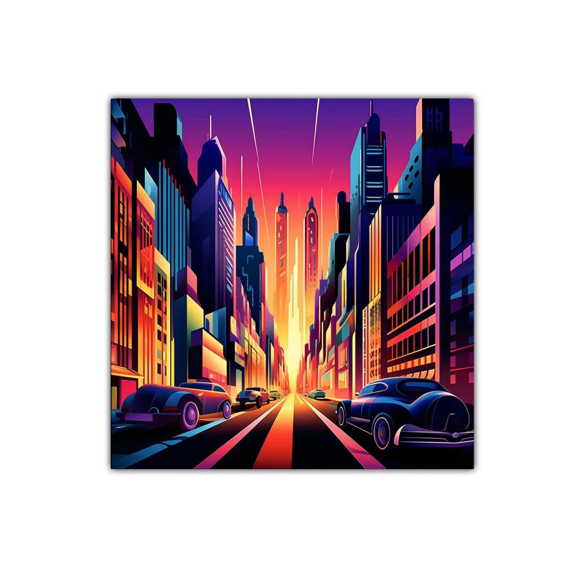 Atardecer vibrante en ciudad futurista con coches clásicos — imagen principal