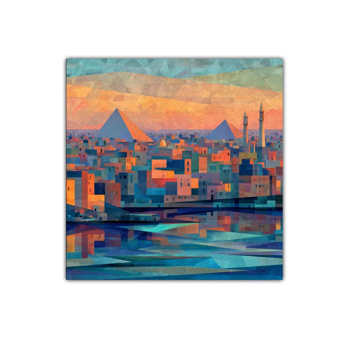 Atardecer sobre ciudad con pirámides y reflejos en agua