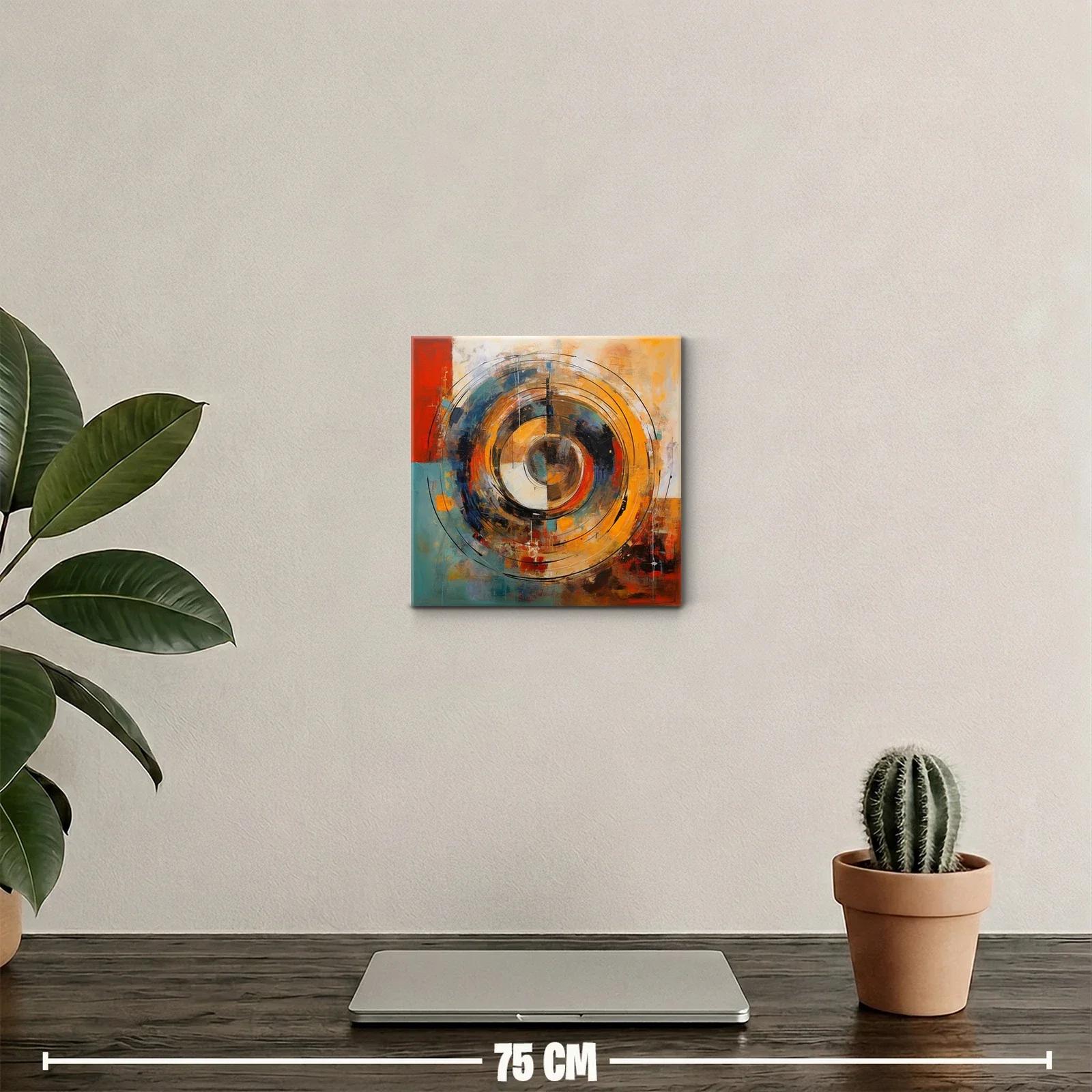 Cuadro abstracto con círculos concéntricos en tonos cálidos y fríos — miniatura 2