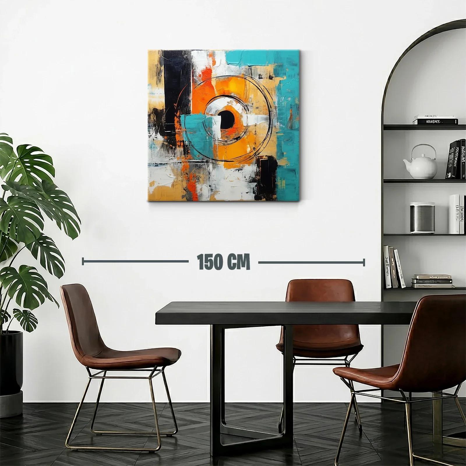 Cuadro abstracto con círculos y tonos vibrantes en azul y naranja — miniatura 2