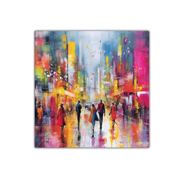 Escena urbana vibrante con tonos cálidos y fríos