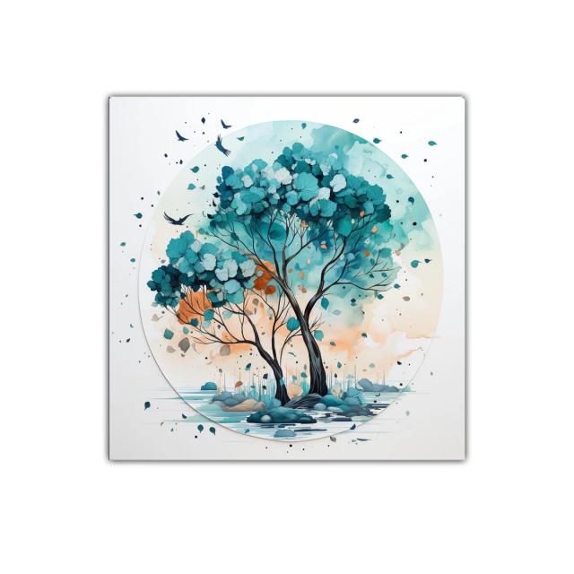 Árboles en paisaje sereno con tonos azul y naranja