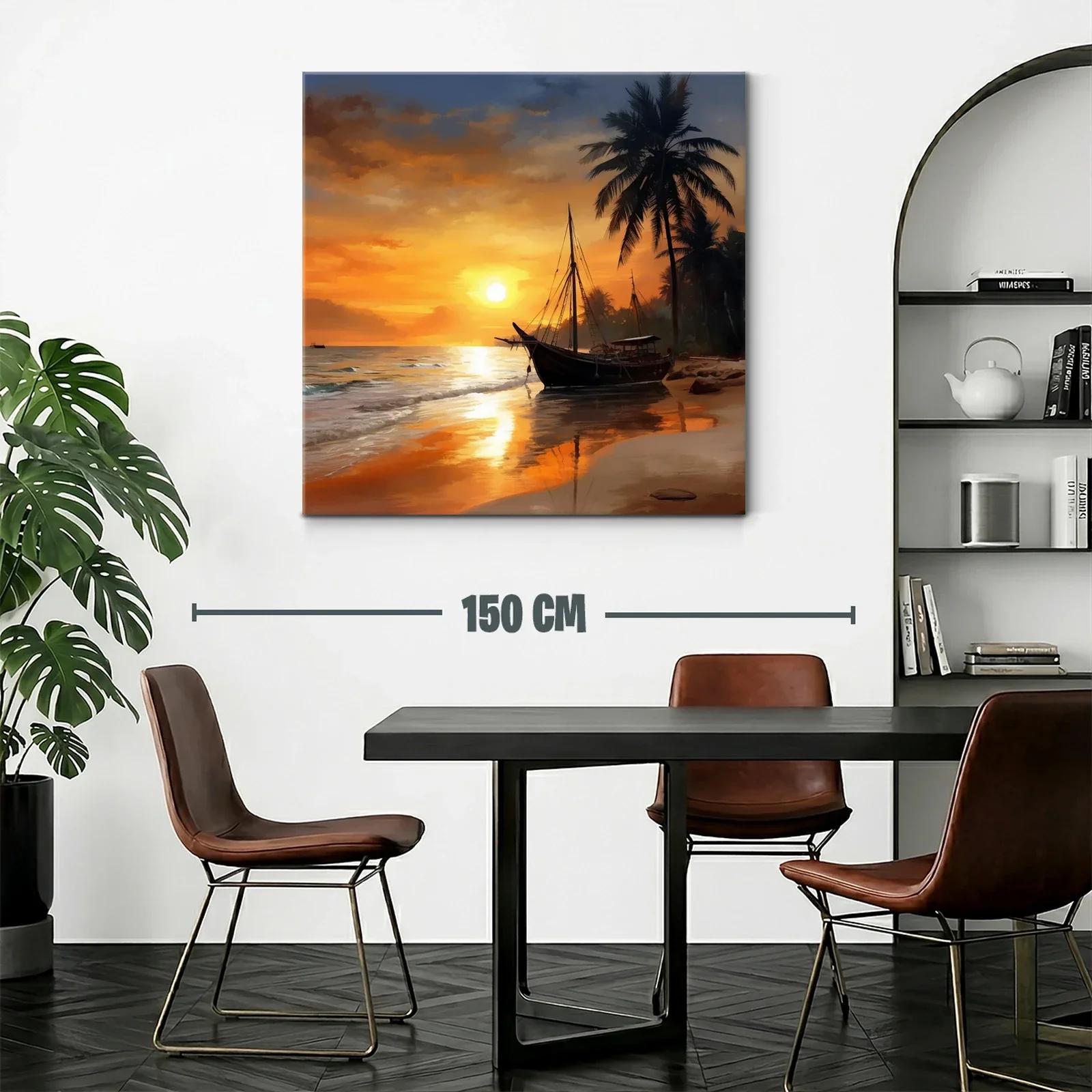 Atardecer en la playa con barco y palmeras — miniatura 2