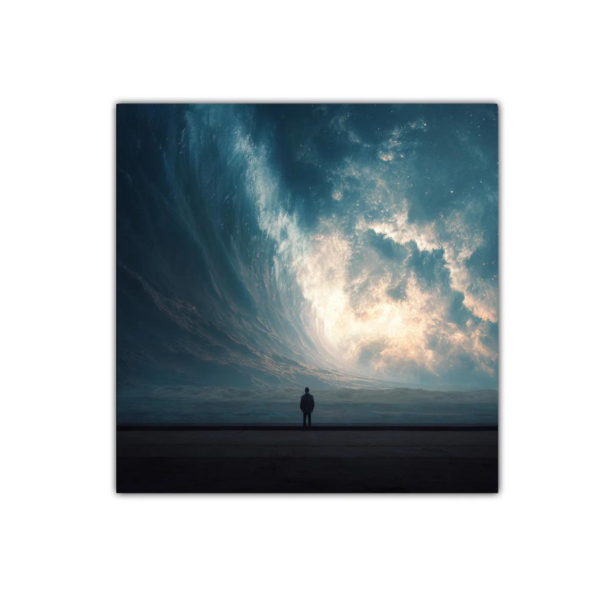 Impactante cuadro de hombre frente a ola luminosa y cósmica — imagen principal