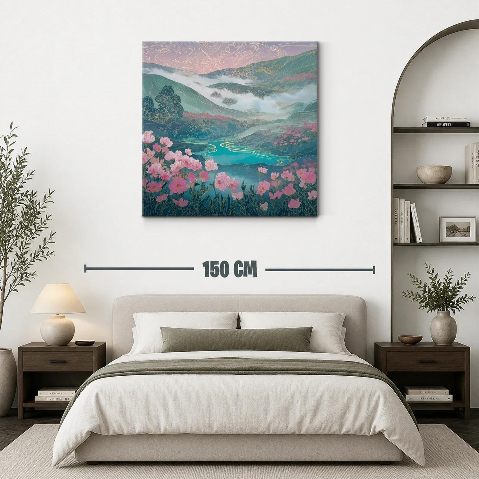 Paisaje floral con lago y montañas en tonos suaves — miniatura 3