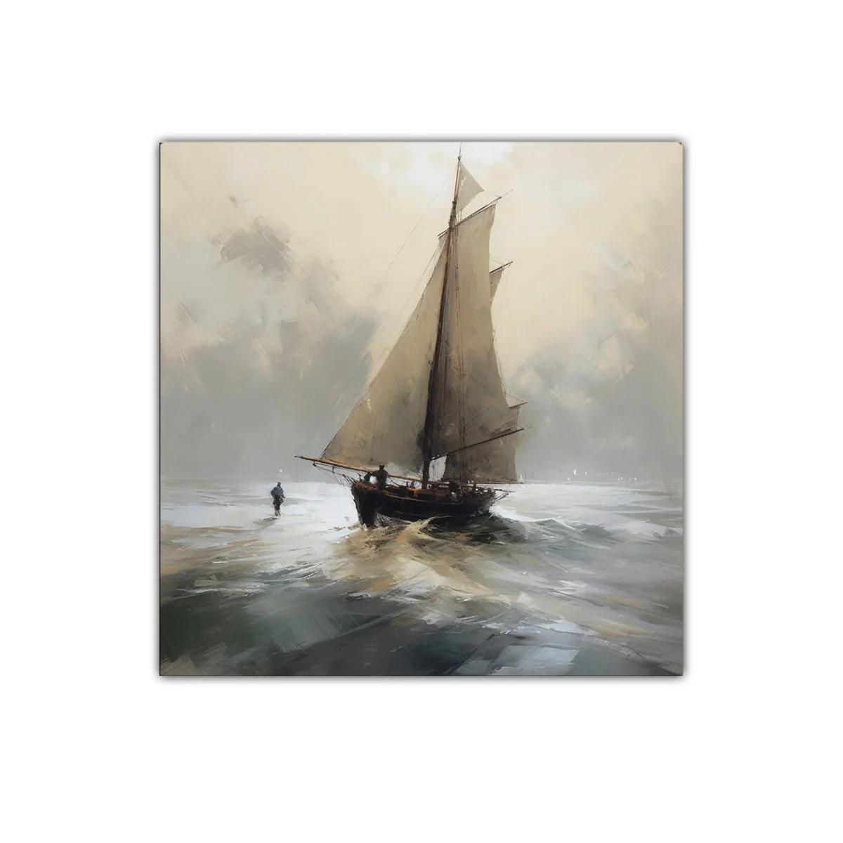 Velero navegando en mar sereno con atmósfera brumosa — miniatura 1