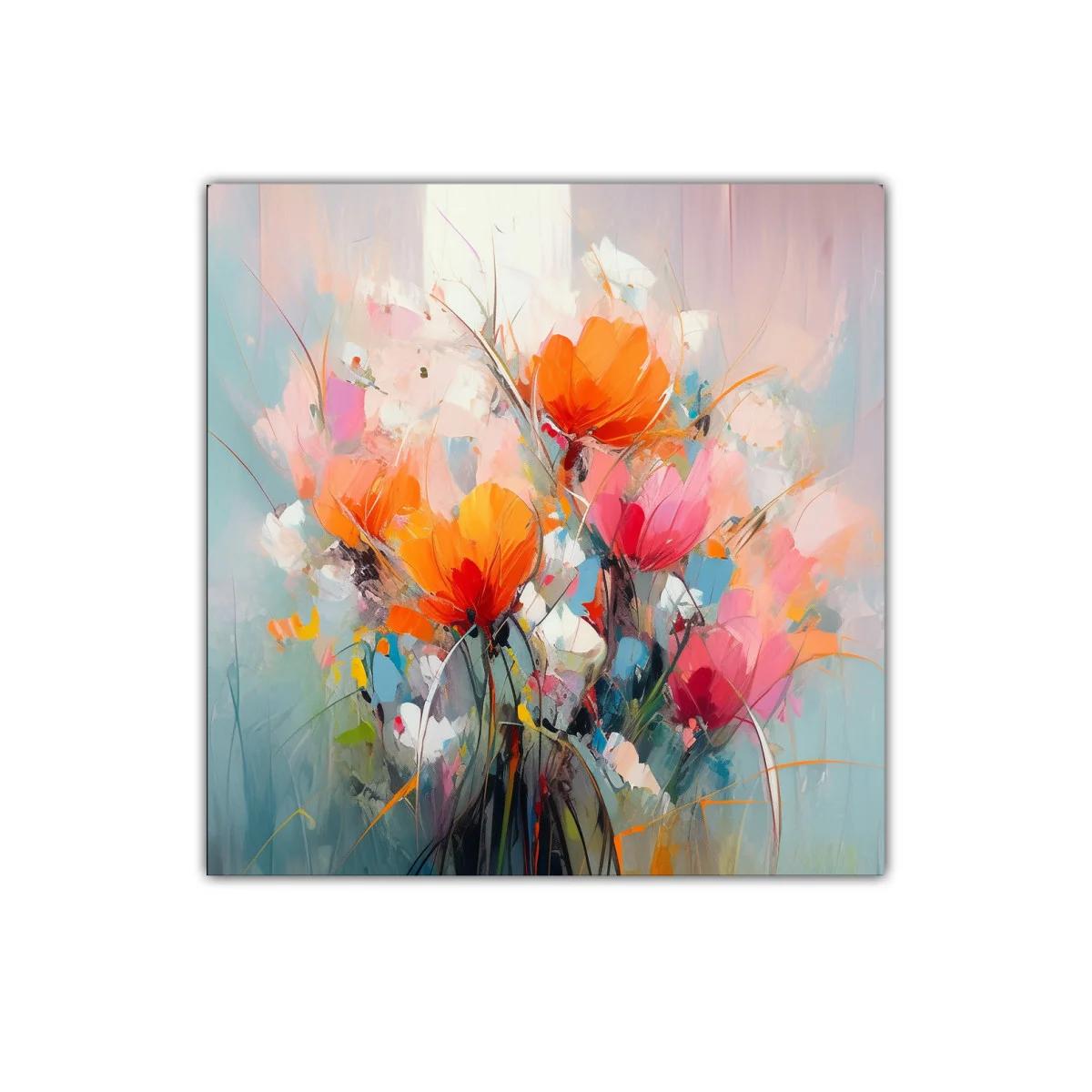Cuadro decorativo con ramo de flores vibrantes y suaves tonos