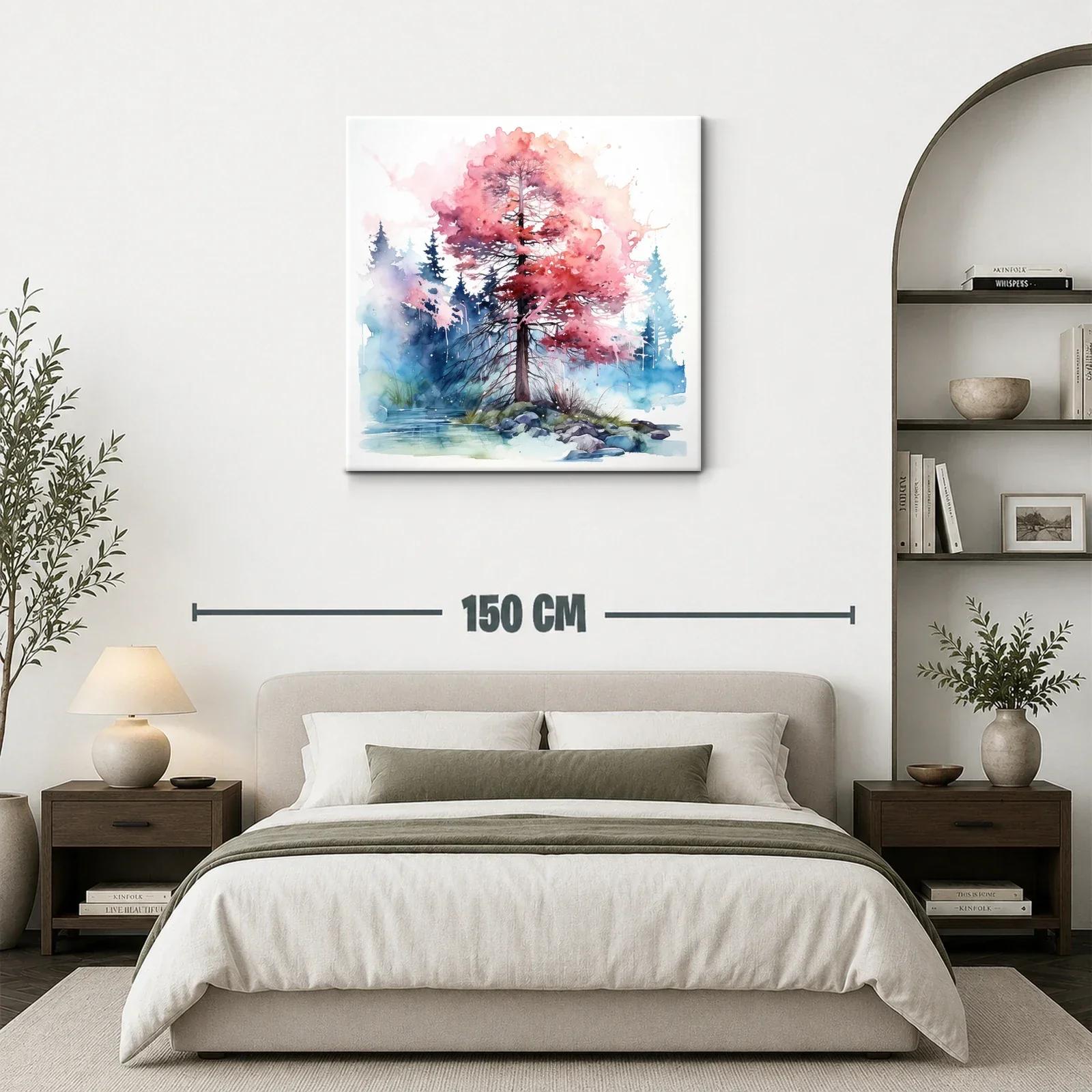 Árbol en otoño con hojas rosas y fondo de bosque azul — miniatura 3