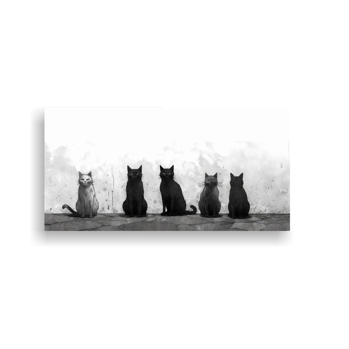 Cuadro fila de cinco gatos negros con fondo texturizado