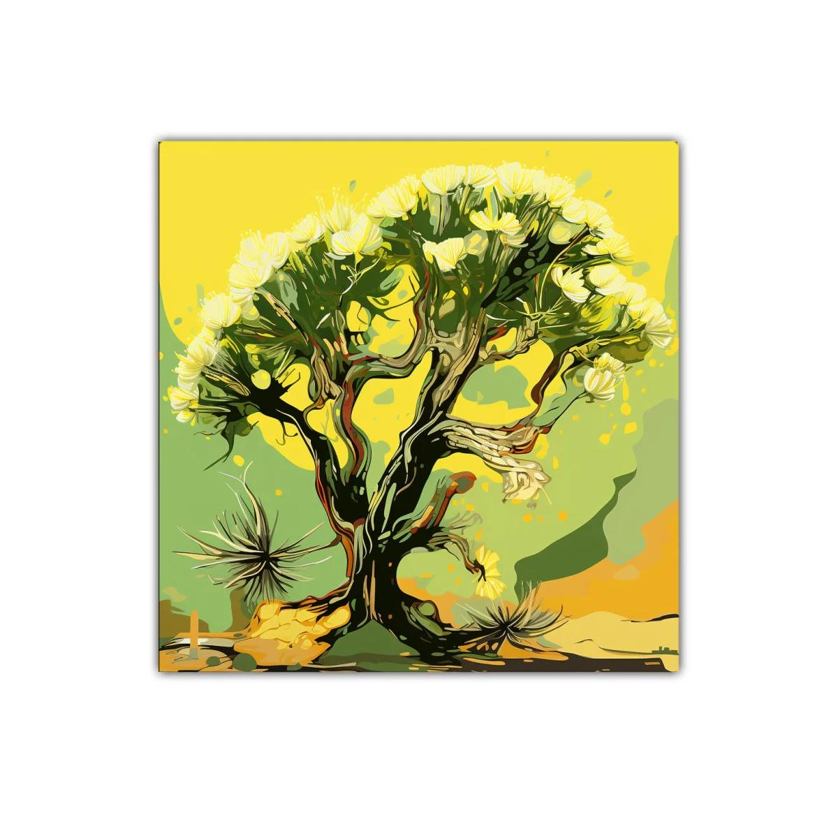 Árbol con Flores Amarillas en Fondo Abstracto Verde — imagen principal
