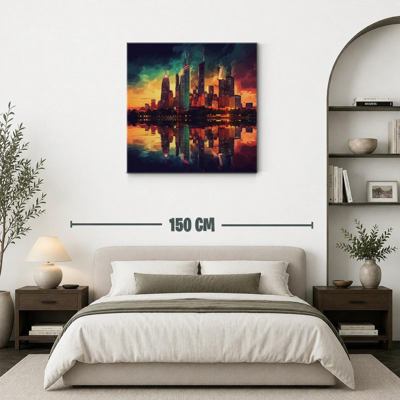 Atardecer vibrante sobre ciudad con reflejo en agua — miniatura 3