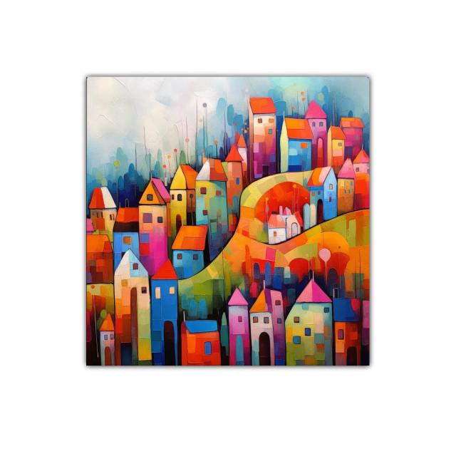 Cuadro colorido con casas vibrantes y puente curvo