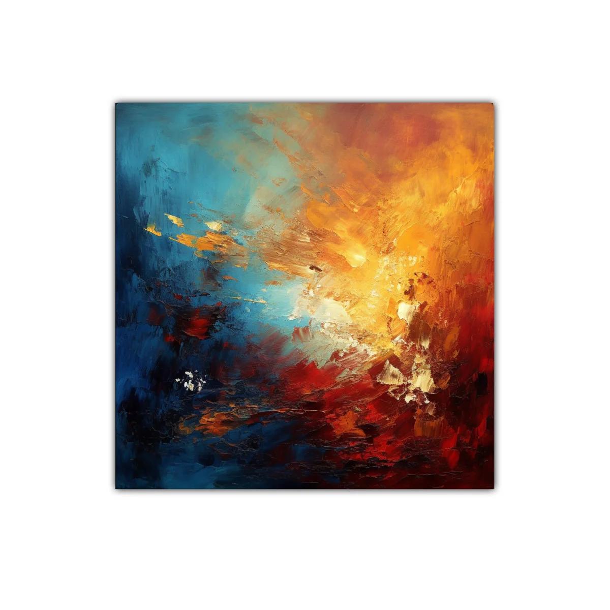 Cuadro abstracto con tonos cálidos y fríos contrastantes