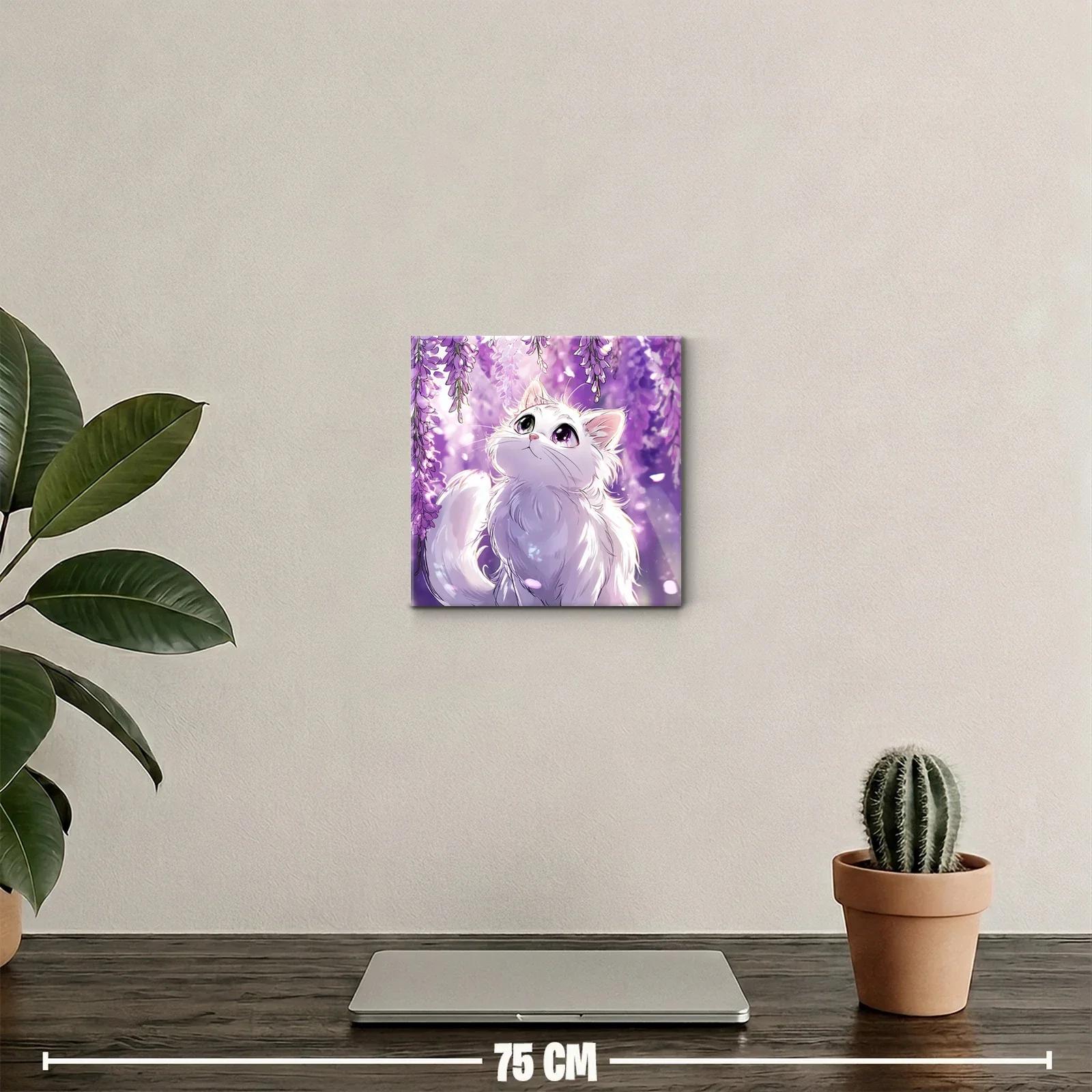 Encantador gato blanco entre flores lilas y luz suave — miniatura 2
