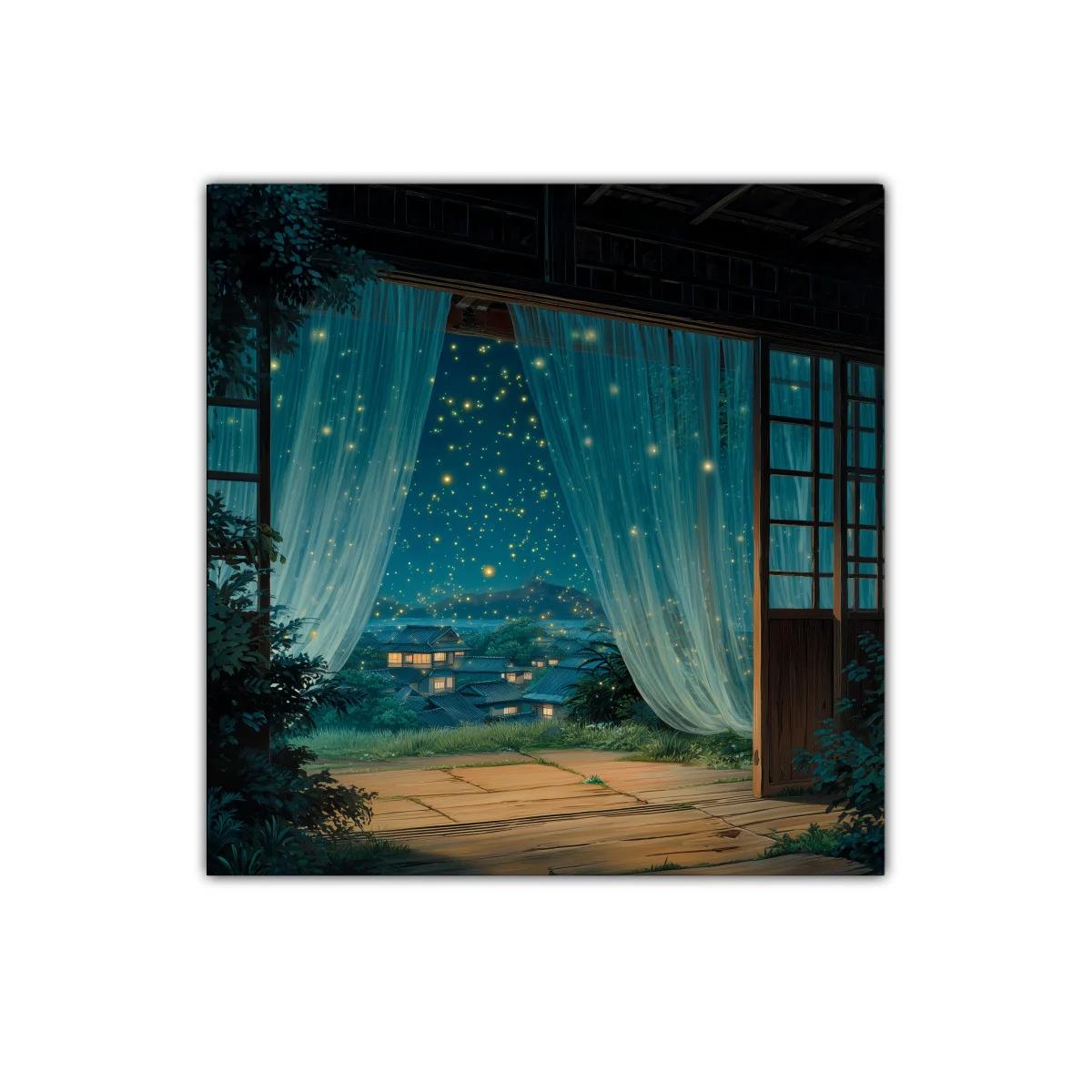Paisaje nocturno con luces brillantes y cortinas transparentes — miniatura 1