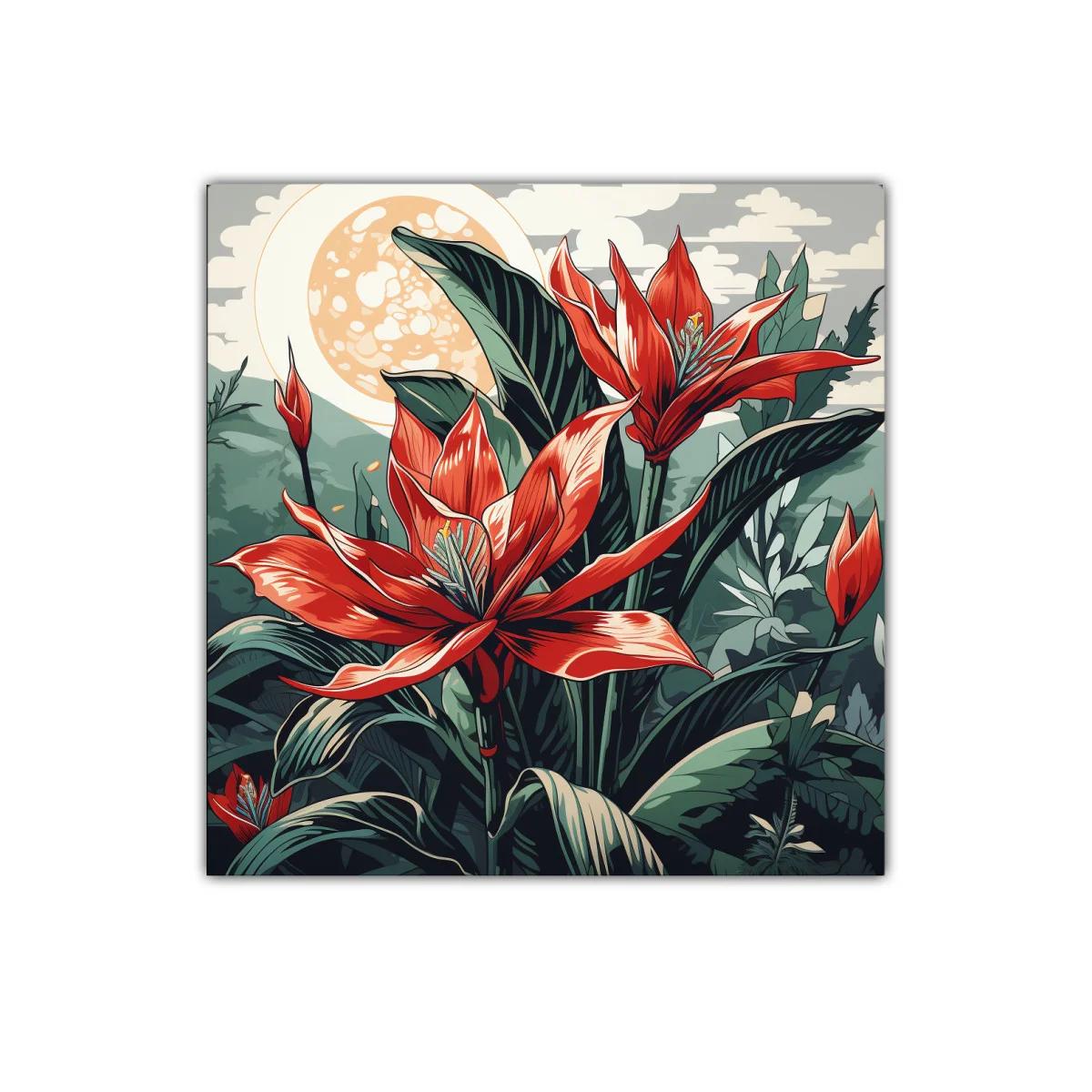 Exuberante cuadro floral con tonos rojos y verdes vivos