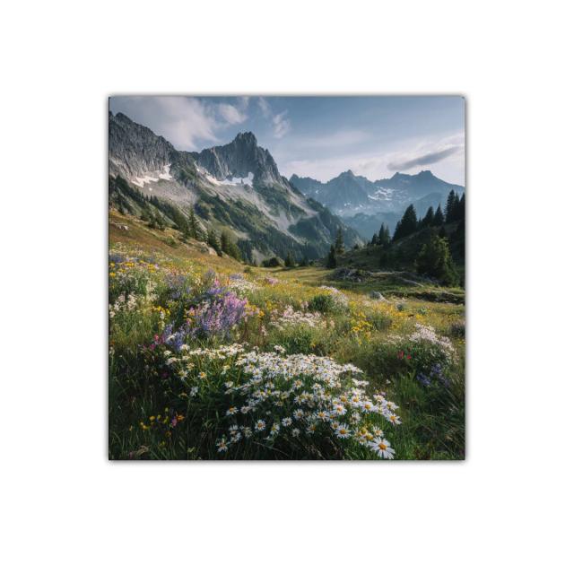 Pradera de flores silvestres con montaña al fondo