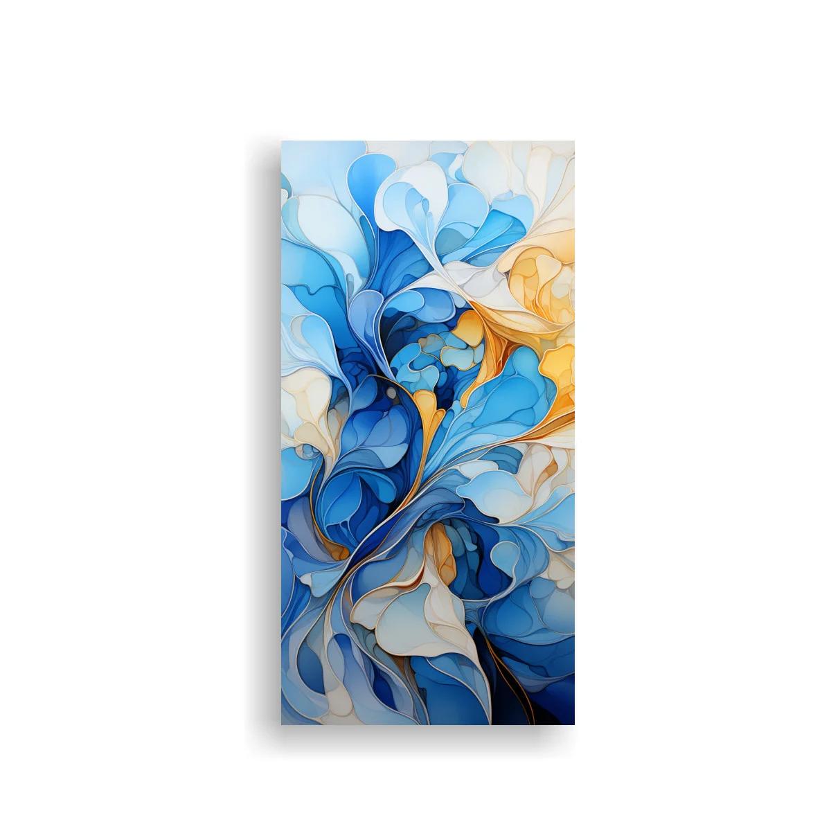 Cuadro flores abstractas azules con núcleo intenso y dorados — imagen principal