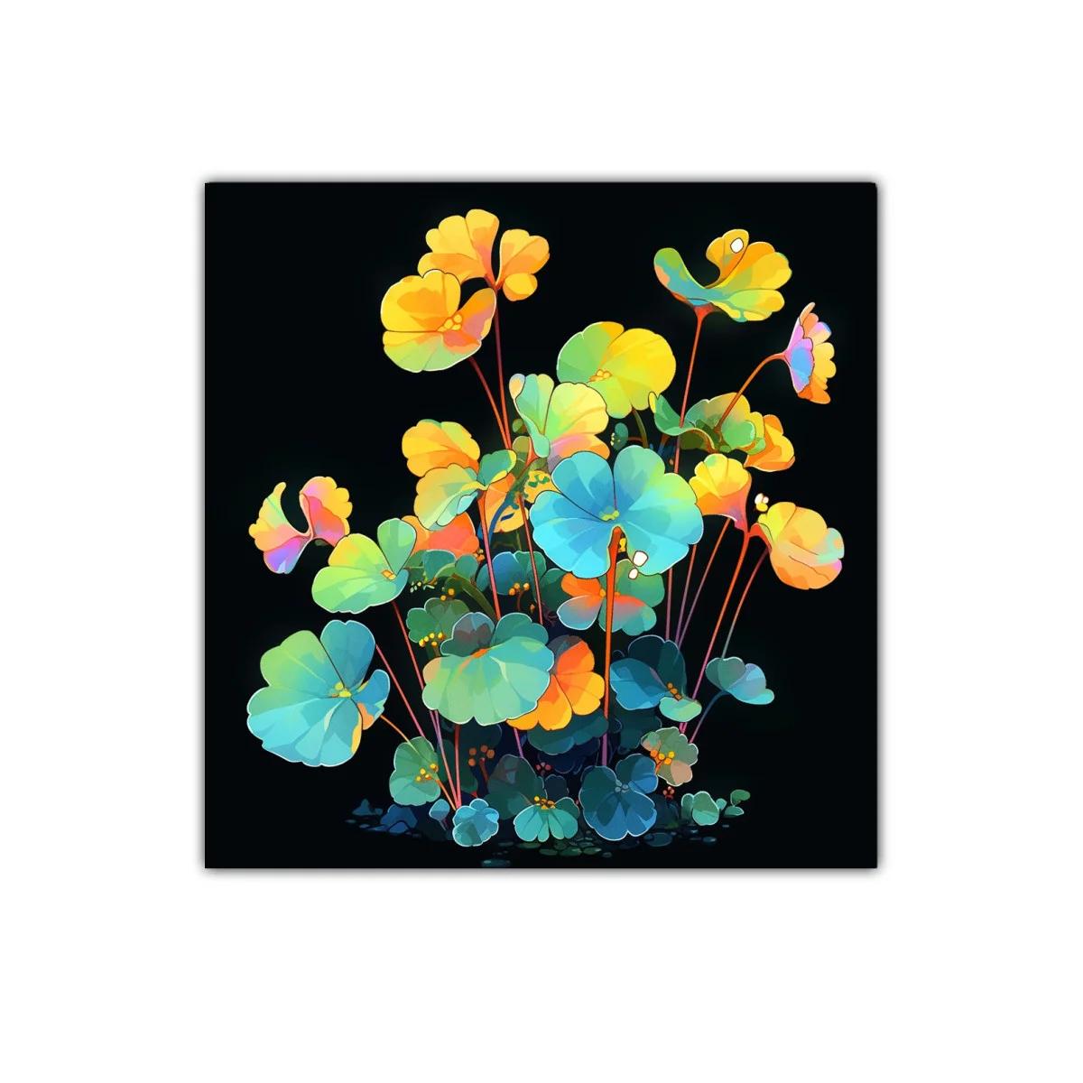 Cuadro decorativo con flores en tonos vibrantes sobre fondo oscuro — imagen principal
