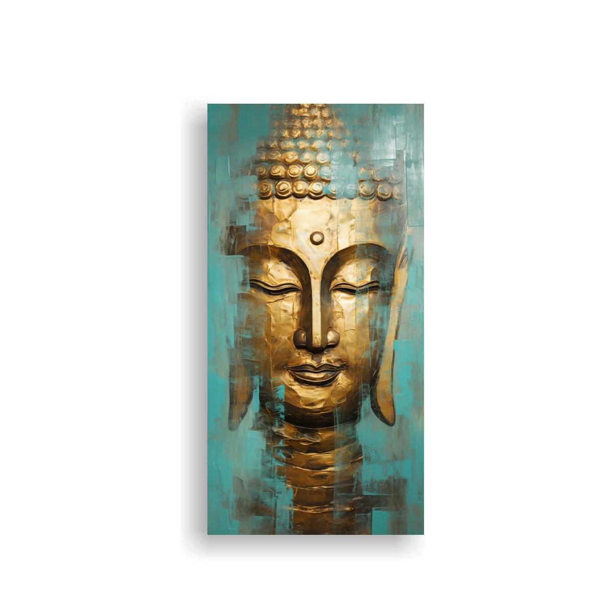 Cuadro rostro de Buda dorado sobre fondo turquesa
