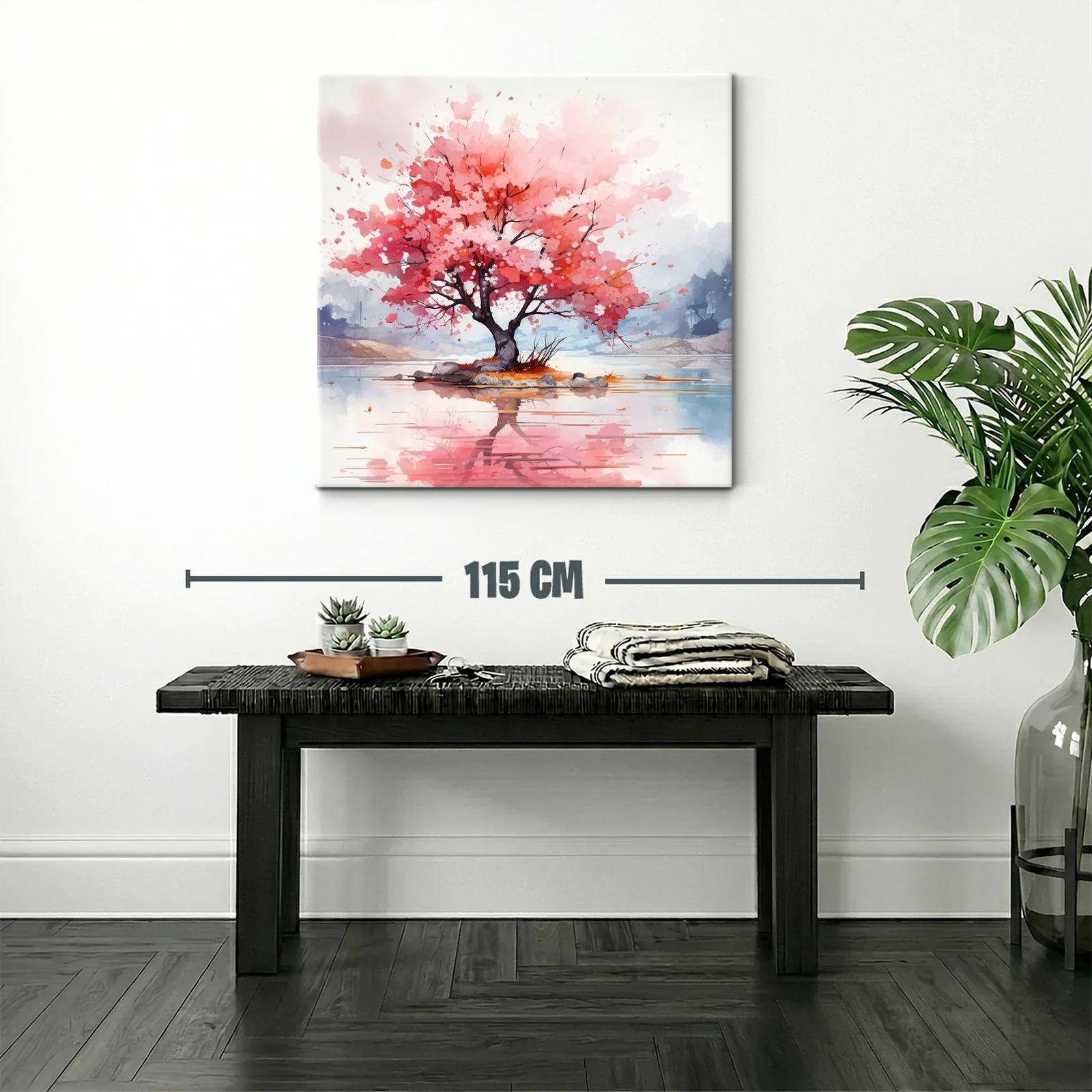 Árbol en flor rosa con reflejo en agua tranquila — miniatura 2