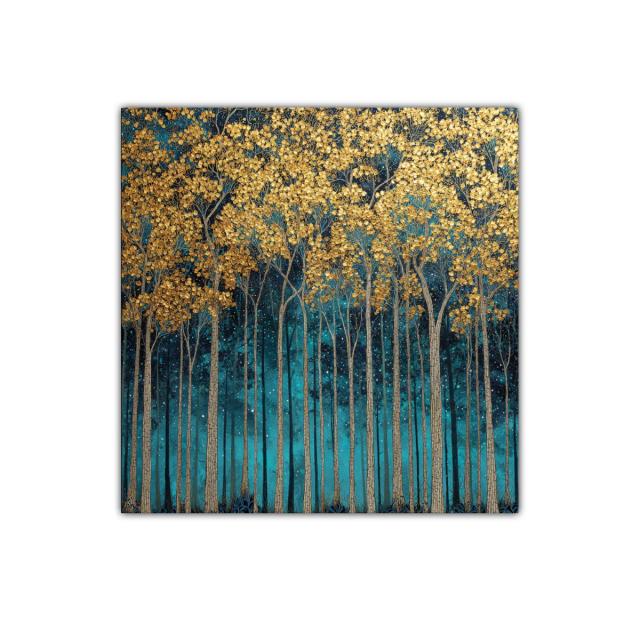 Bosque dorado bajo un cielo estrellado azul intenso