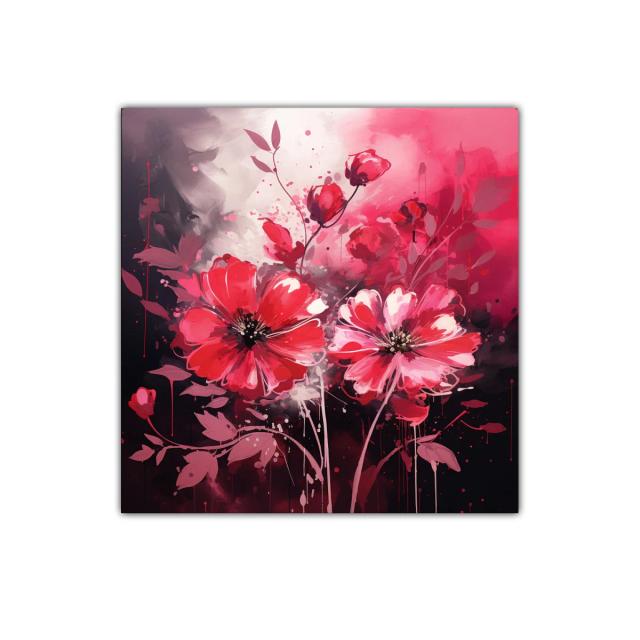 Flores vibrantes en tonos rojos y rosas con fondo oscuro