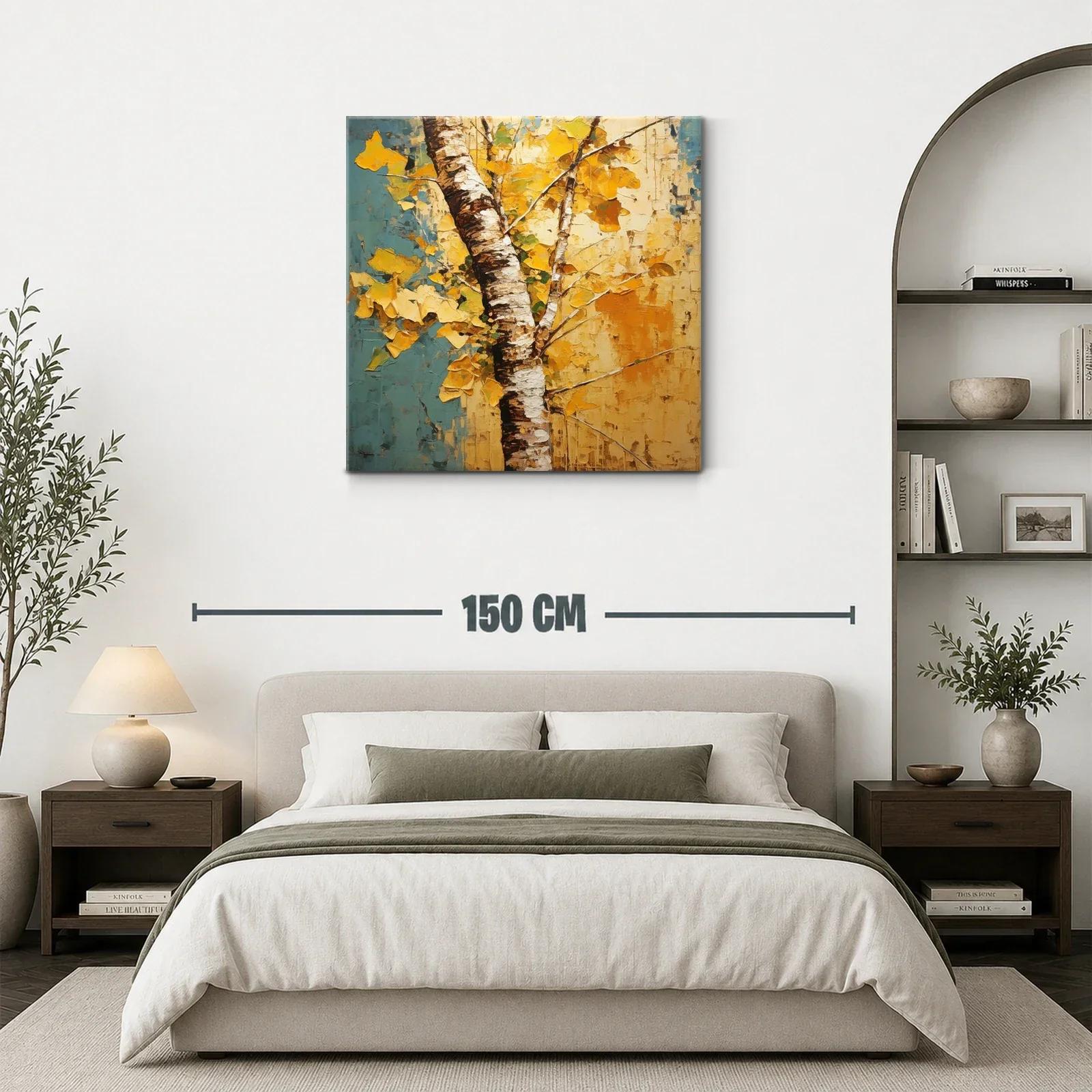Árbol otoñal con hojas doradas y fondo azul y amarillo — miniatura 3