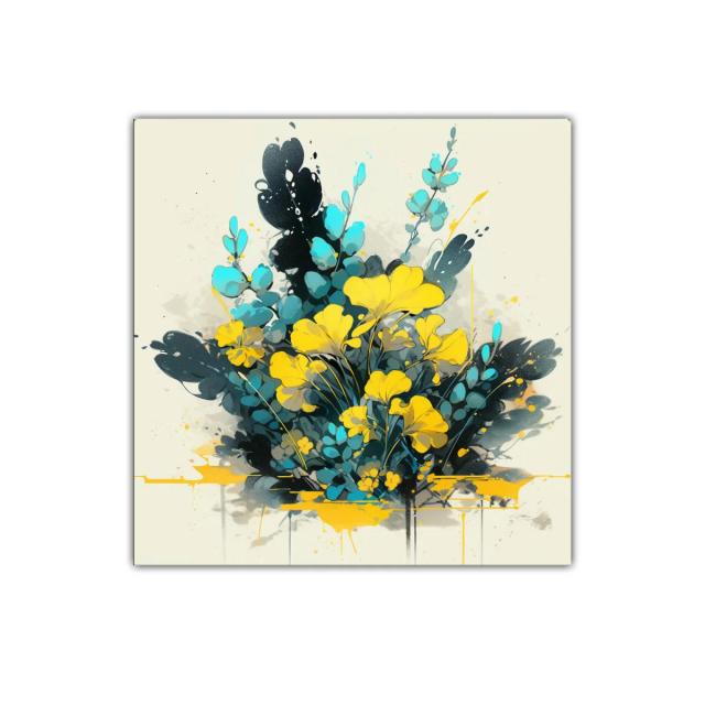 Cuadro decorativo con ramo vibrante de flores amarillas y azules