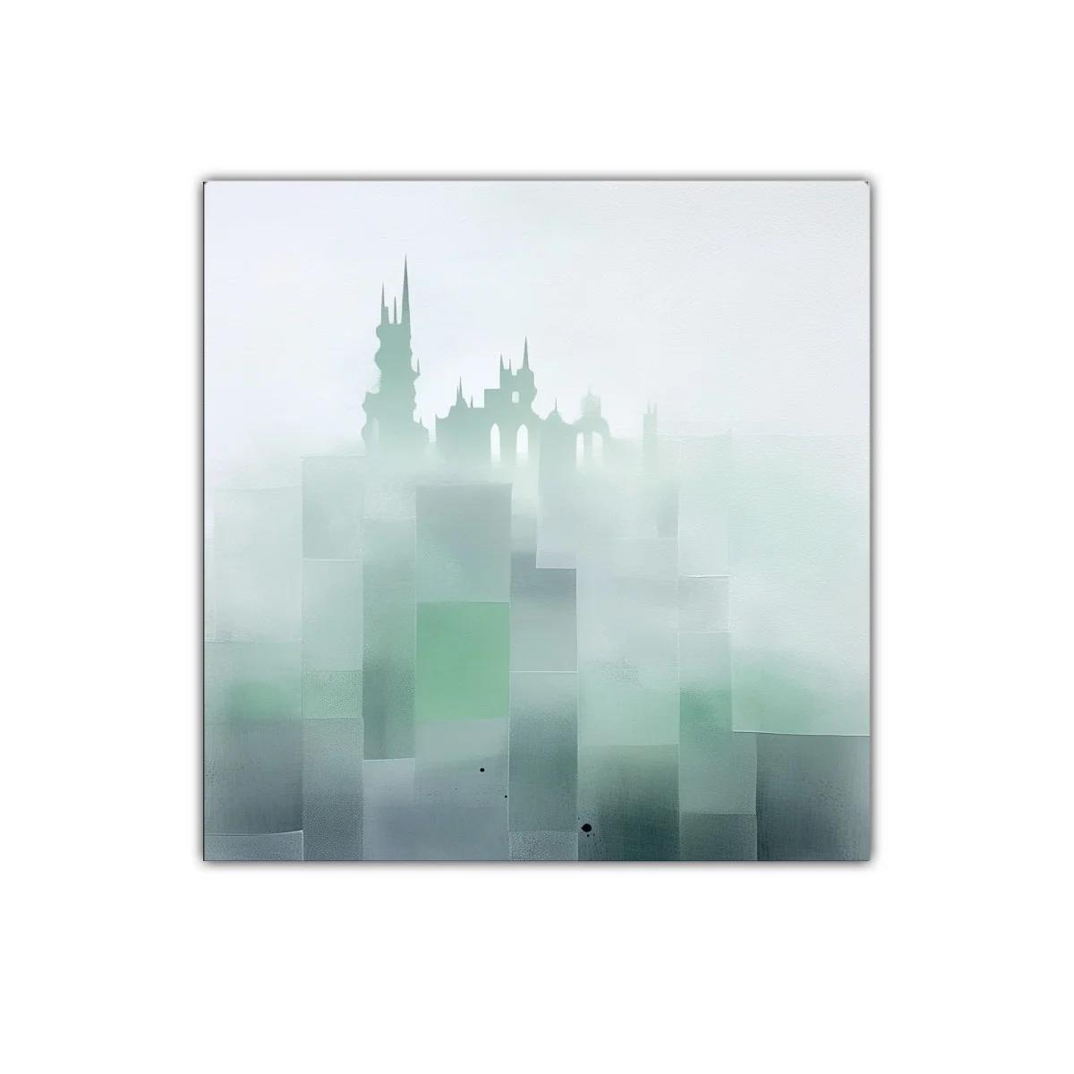 Paisaje urbano con silueta de castillo entre niebla suave — imagen principal