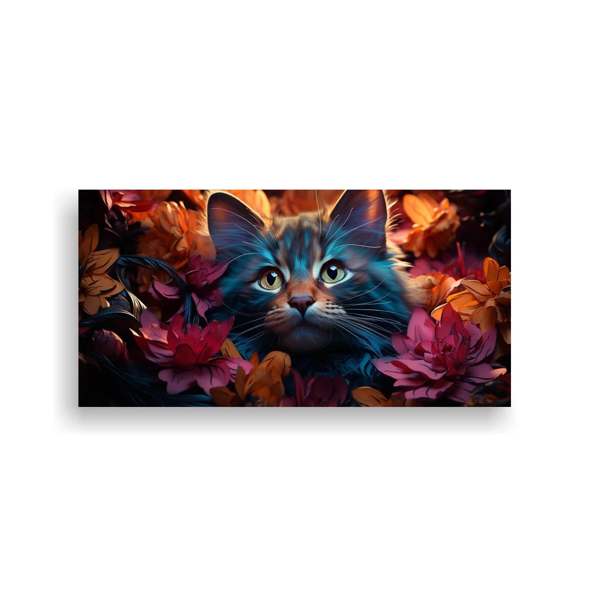Cuadro rostro de gato de pelo largo entre flores y hojas